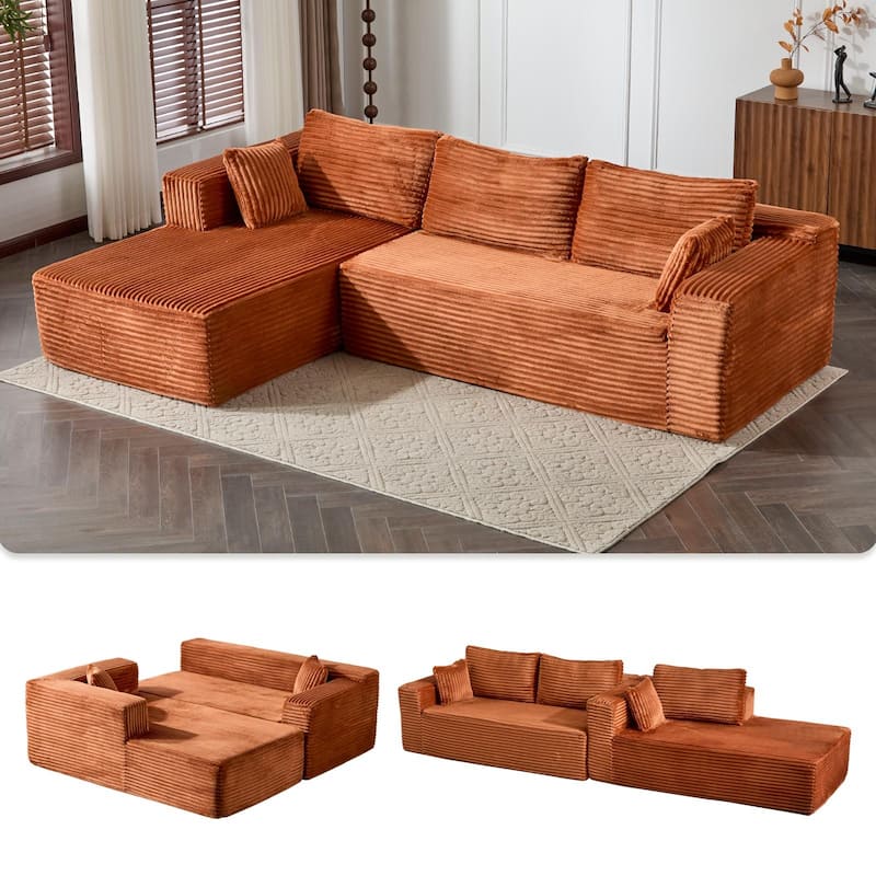 Modular L Shaped Sectional Sofa with Chaise Lounge, Corduroy Upholstered Boneless Sleeper Sofa, Compression Sofa with Deep Seat - Brown