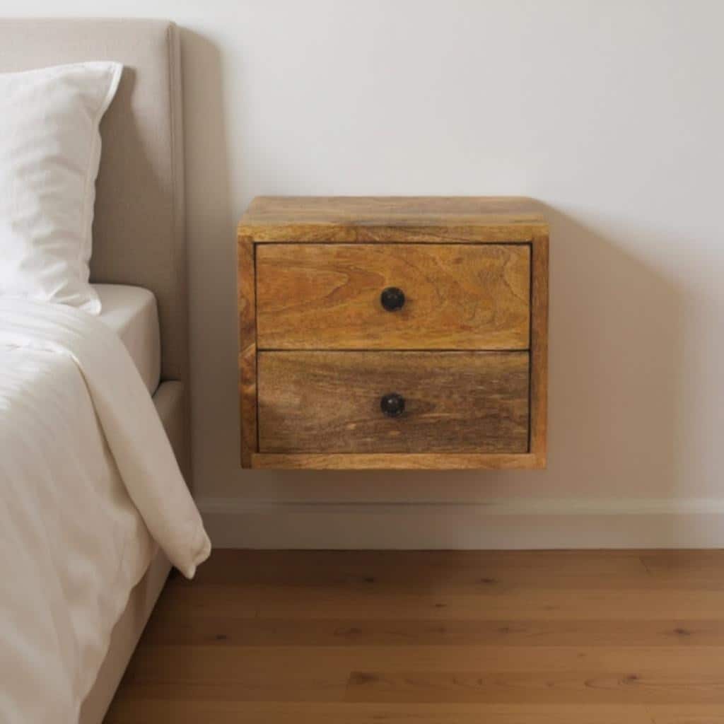 HomeRoots 12" Brown Solid Wood Two Drawer Floating Nightstand