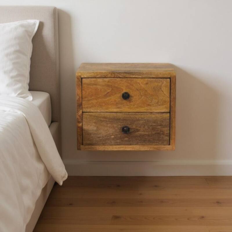 HomeRoots 12" Brown Solid Wood Two Drawer Floating Nightstand - Brown - 2-drawer