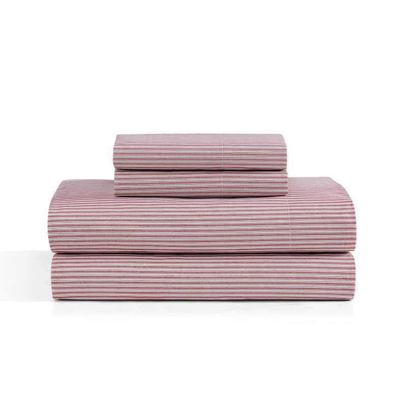 Tommy Hilfiger Printed Cotton Percale Sheet Set - Highland Ticking Stripe Red - Queen