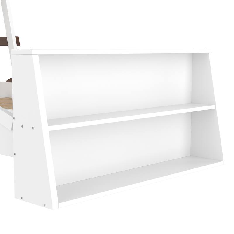 Twin Size Car Bed with Storage Shelves, Kids Platform Bed with Cute Car-shape, Childlike Design, Blue White