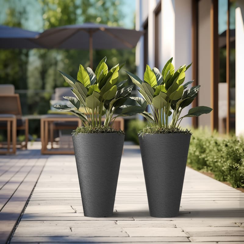Black Tall Plastic Round Plant Pots / Large Indoor and Outdoor Flower Planters, 2 Piece Set