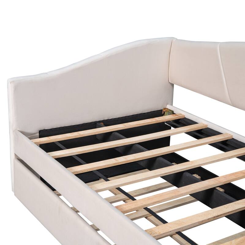 Velvet Upholstered Twin Daybed with Trundle, Solid Wood Slat Support, No Box Spring Needed, Space-Saving Design
