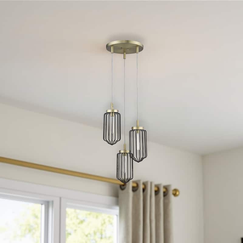 HomeRoots Gold Caged Three Light Metal Dimmable Chandelier With Black Shades - 16.75' X '15' X '16.75 - 16.75' X '15' X '16.75