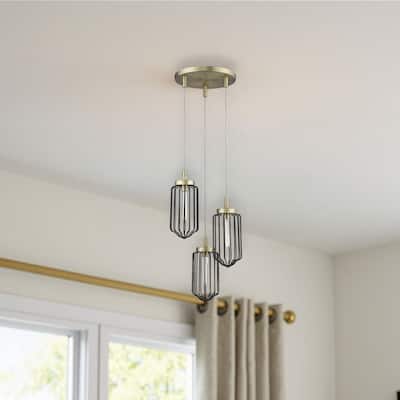 HomeRoots Gold Caged Three Light Metal Dimmable Chandelier With Black Shades - 16.75' X '15' X '16.75