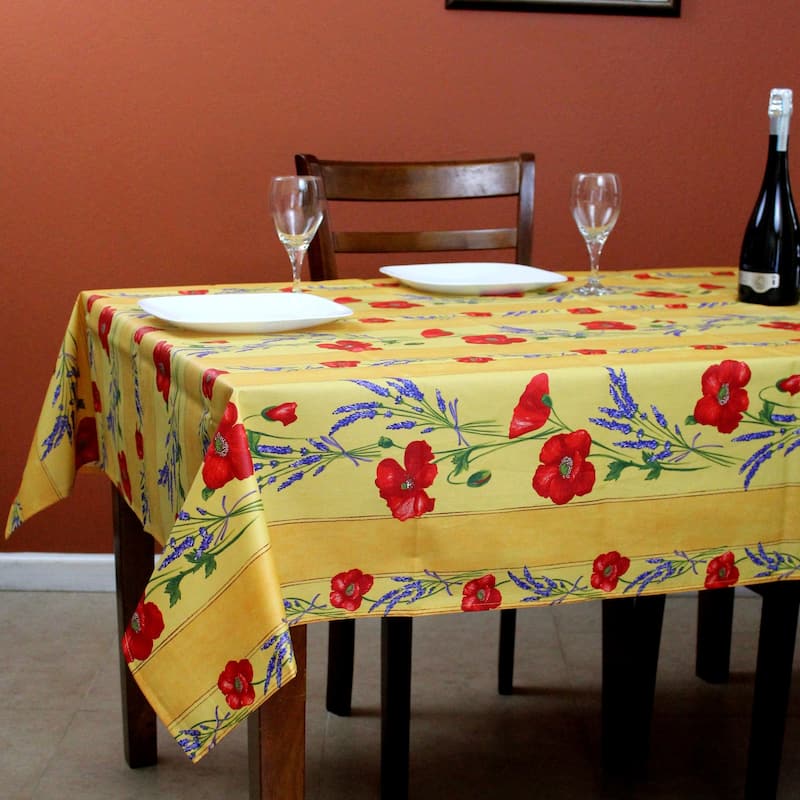 Wipeable Spill Resistant Provencal Cotton Cannes Collection Tablecloth - 60 x 78 in - Yellow Poppy Stripes