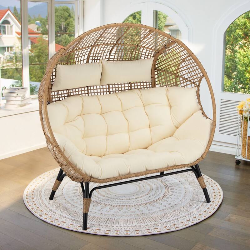 FINCATI 2-Person Indoor Wicker Egg Chair, 57.1 in Wide, 680-lb Capacity - Beige