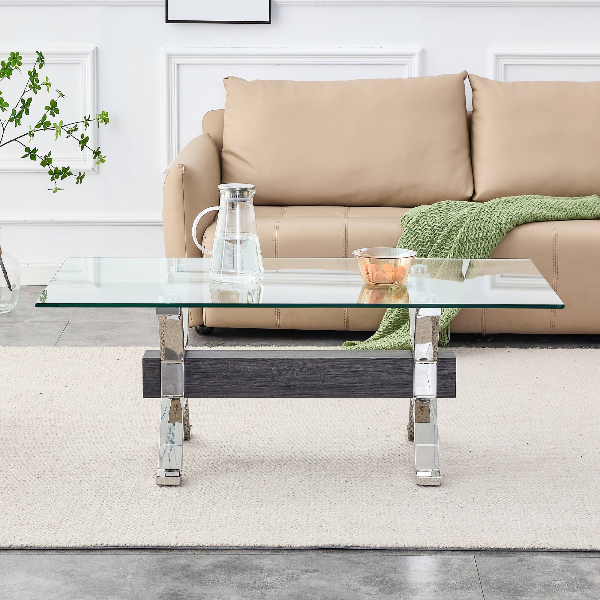 Contemporary Tempered Glass Coffee Table with Plating Metal Legs and