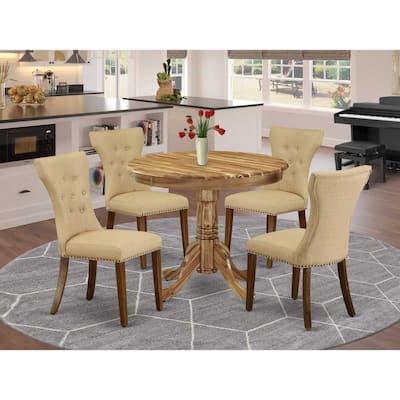 HomeStock 5-Piece Round Natural Oak Finish Solid Wood Top Dining table with 4 Chairs with Lattice Back