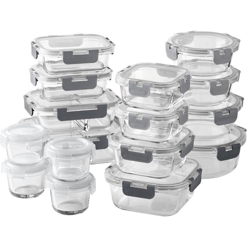 COOK WITH COLOR Premium 32-Pc. Borosilicate Glass Food Container Set with Dividers Leakproof Lids - Meal Prep, Storage - Grey