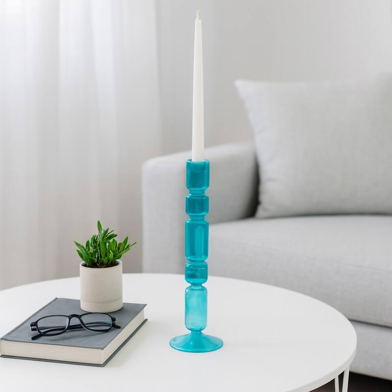 Glass Stacked Mix Bubble Taper Candle Holder - Blue
