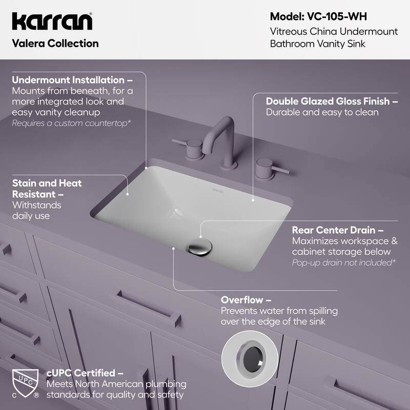 Karran 18" Undermount Vitreous China Bathroom Sink In White