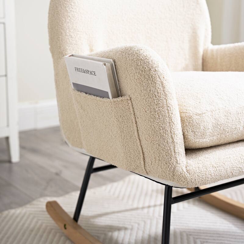 Teddy Rocking Chair with Side pockets, Lounge Armchair with High Back and Solid Wood Legs, Single Sofa Chair with Padded Seat
