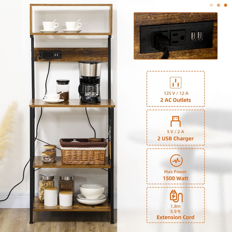 Rustic Brown Adjustable Shelves Baker’s Storage Rack with AC Power Outlets and Hooks - 23.5" W x 16.5" D x 60.25" H