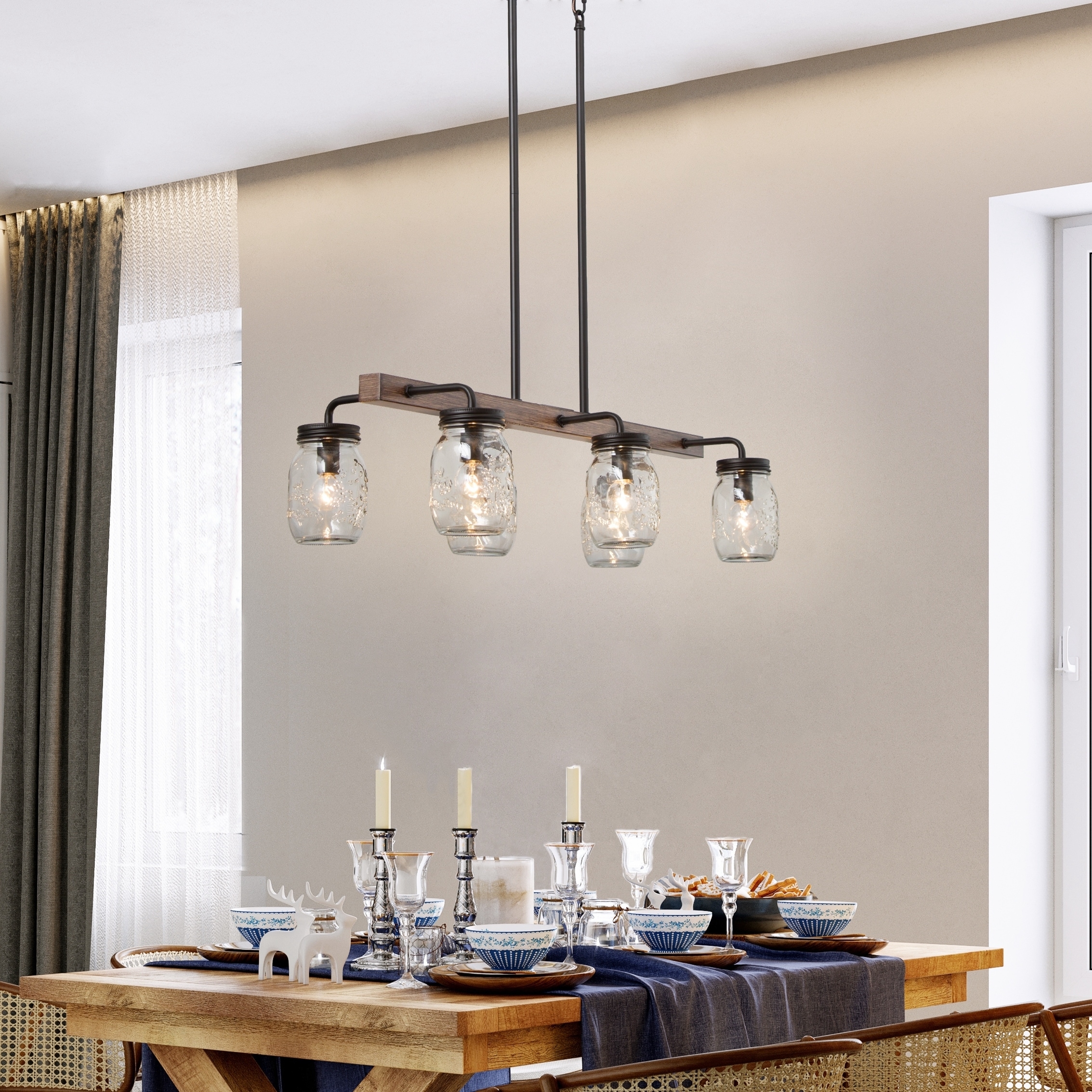 Laluz Modern Farmhouse 6 Light Glass Chandelier Island Lights for Dining Room L27.5 inch x W11 inchx H 71.5 inch Size L27.5 x W11x H 71.5 Clear