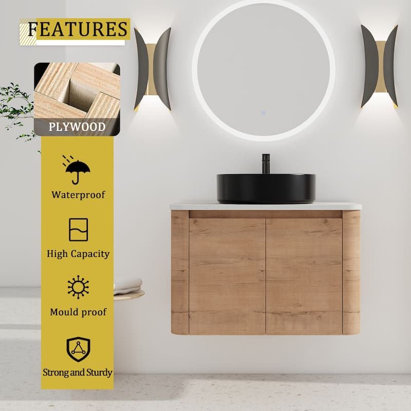 30'' Wall-Mounted Bathroom Vanity With Ceramic Art Sink & 2-Soft-Close Door, KD-Packing, Plywood