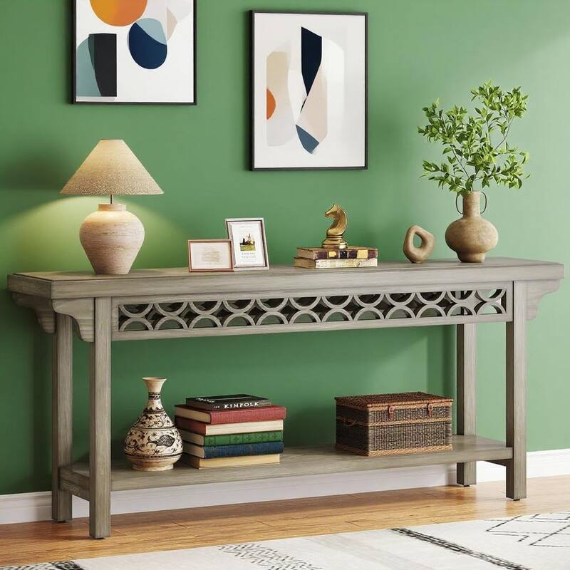 Farmhouse Console Table 71 Inch Solid Wood Sofa Table Hallway Entryway Accent Table with Adjustable Foot Pads - Grey