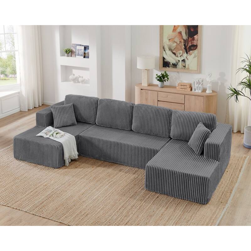 Modern Minimalist U-Shaped Modular Corduroy Sectional Sofa - Compressed, Space-Efficient Sleeper Couch for Living Room & Bedroom