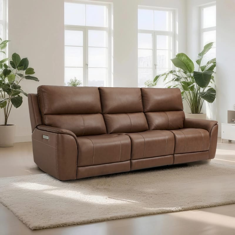 113.5" W Premium Genuine Leather Triple-Power Double Width Sofa with Zero Gravity, USB & Type-C Ports - Light Brown