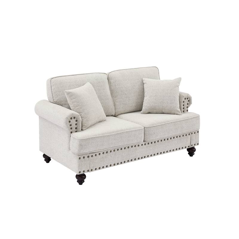 61" Chenille Sofa Couch with Brown Legs - White