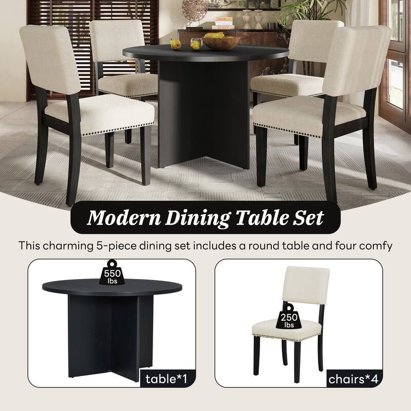 Round Dining Table Set Kitchen Table Set with 4 Upholstered Dining Chairs