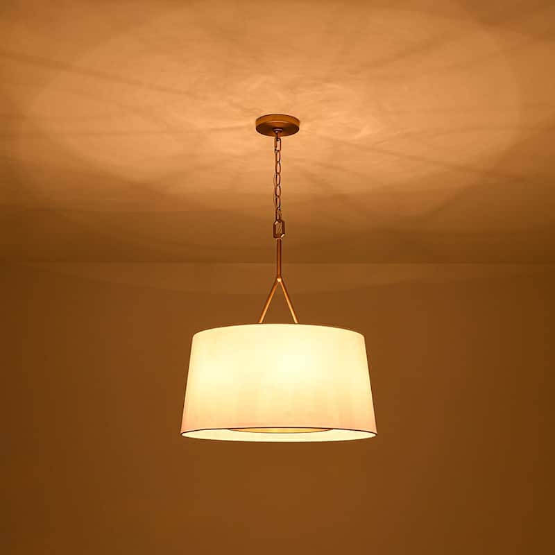 Mid-Century 6-Light Drum White Fabric Round Cage Chandelier 19.7 in