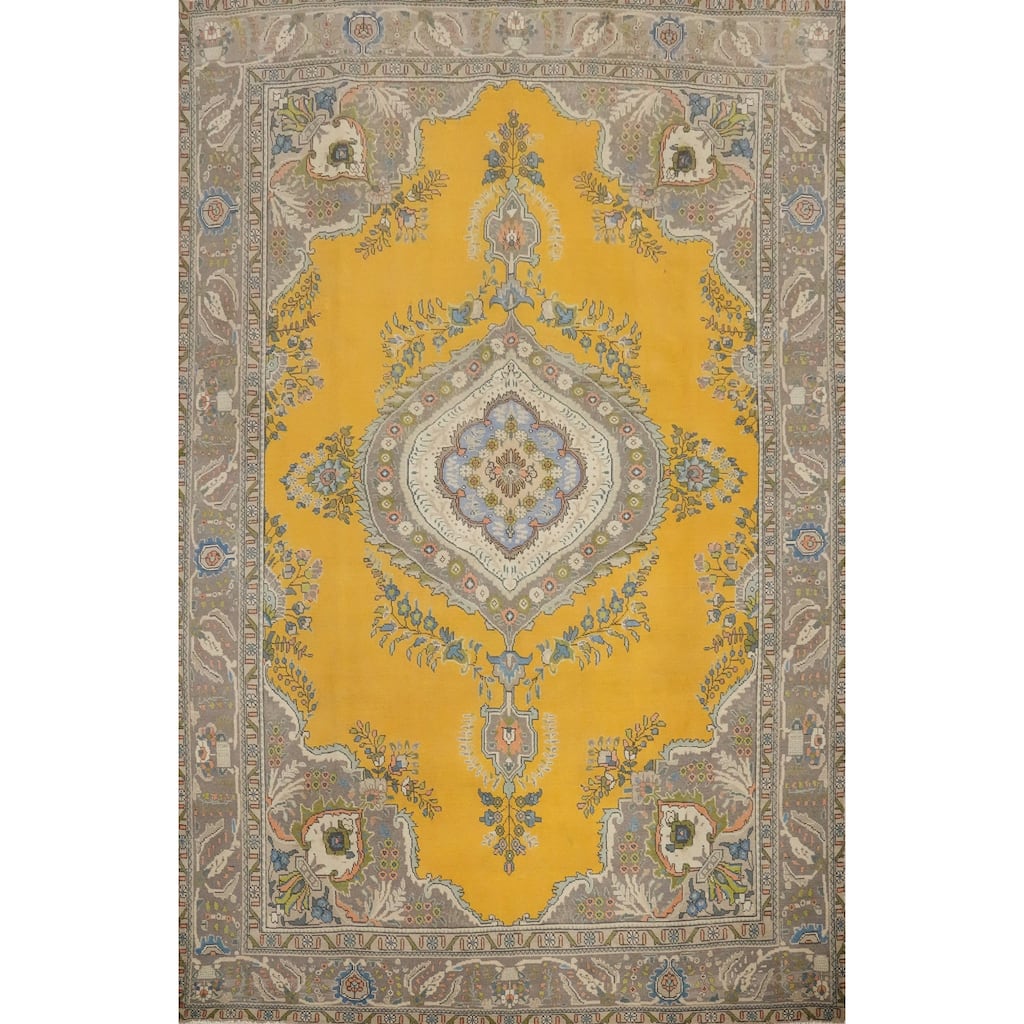 Hand Knotted Oriental 100% Wool Carpet Traditional Floral Yellow & Gold Tabriz Area Rug - 12' 6'' X 9' 6''