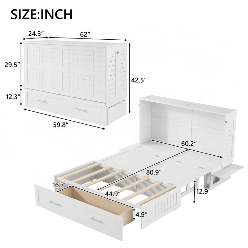 Versatile Queen Size Murphy Bed with Drawer and Side Shelves