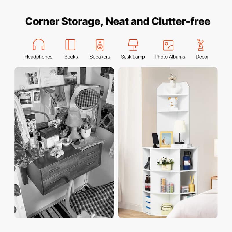 Modern 12-Shelf Corner Cabinet with Charging Station and Adjustable Storage for Bedroom or Study - 28.1"L x 21.3"W x 64.3"H