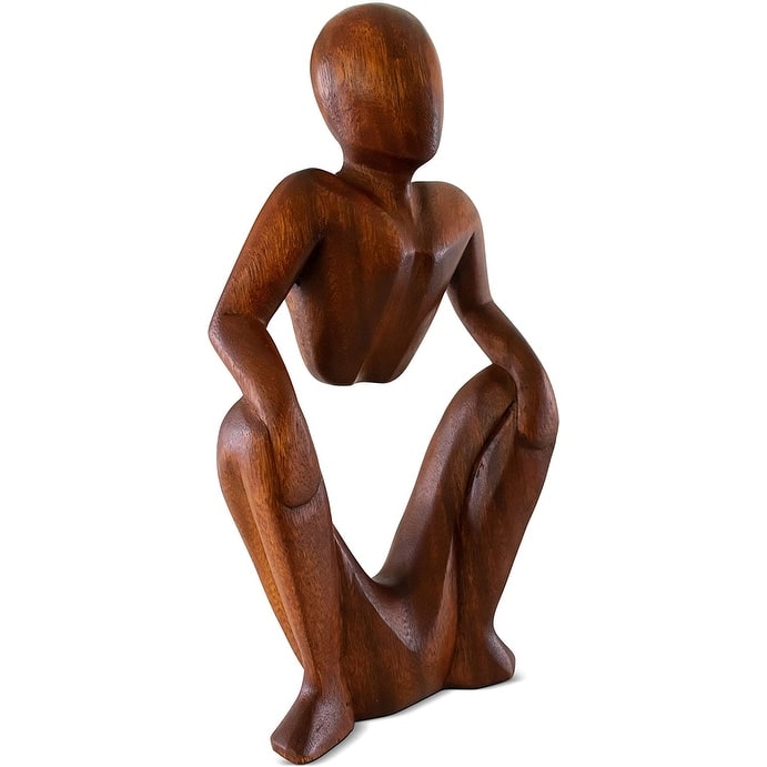 12" Wooden Handmade Abstract Sculpture Statue Handcrafted "Squatting Man" Gift Home Decor Figurine Accent Artwork Hand Carved