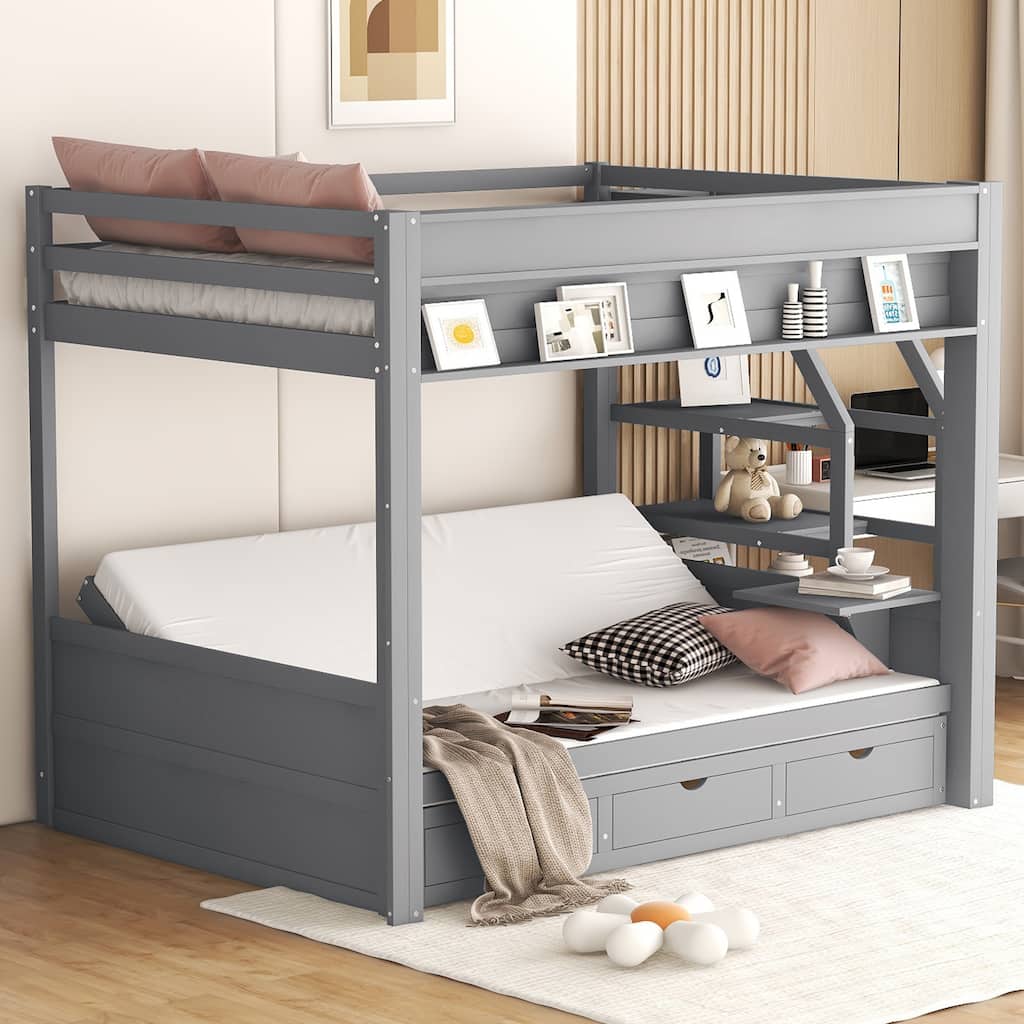 Full Size Convertible Bunk Bed with Storage Staircase, Bedside Table, and 3 Drawers, Gray
