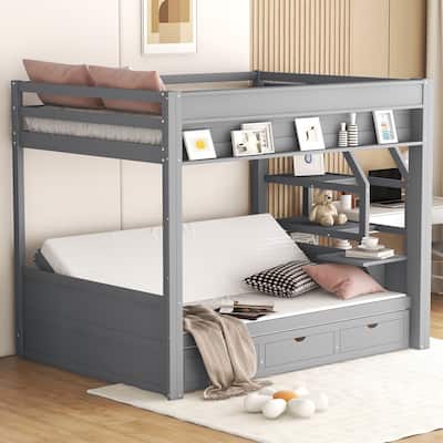 Gray Full Size Solid Wood Convertible Bunk Bed with Storage Staircase, Bedside Table, and 3 Drawers
