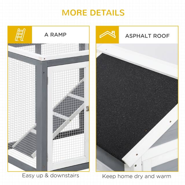 PawHut 48" Wooden Rabbit Hutch Bunny Cage with Waterproof Asphalt Roof, Fun Outdoor Run, Removable Tray and Ramp
