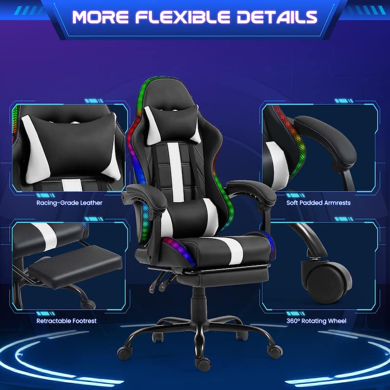 EROMMY RGB LED Gaming Chair with Thickened Massage Lumbar Pillow & Upgraded Footrest, Reclining Ergonomic Chair