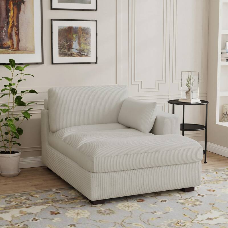 Modern Corduroy L-Shaped Sofa Chaise Lounge Couch - Sea Salt Grey/Right - Right Facing