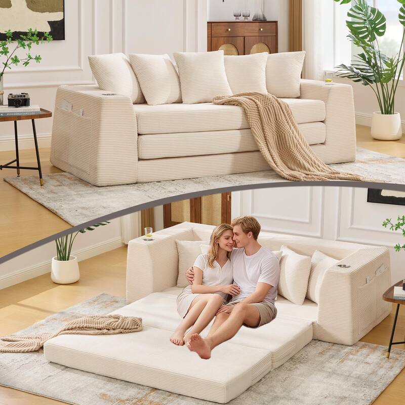2 in 1 Convertible Sofa Bed, Sleeper Sofa with Storage Pockets, Pull Out Loveseat Couch with Two Cup Holders