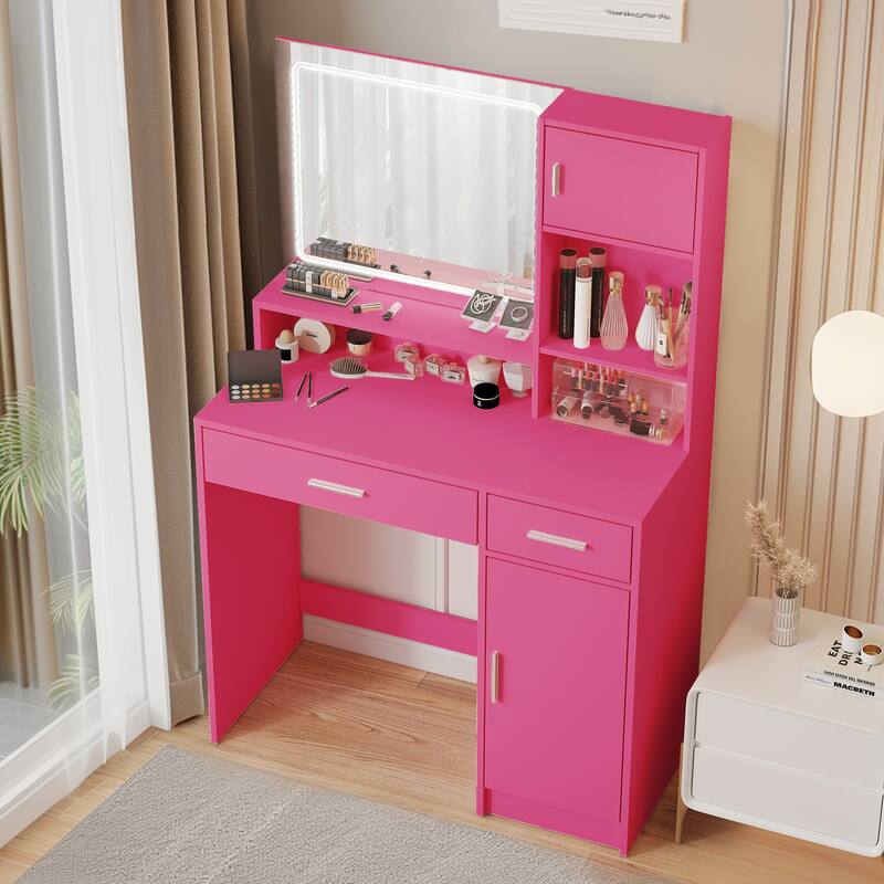 Dressing Vanity Desk with Drawer, Mirror & LED Light Strip, 3 Adjustable Brightness Modes