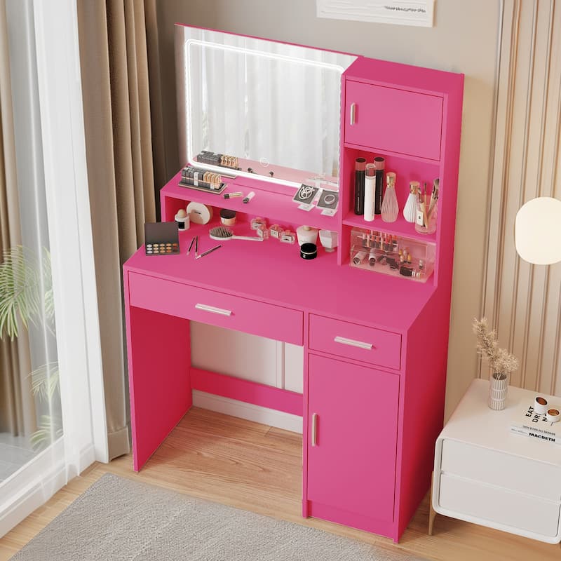 Modern Vanity Desk with Mirror, LED Light Strip and Storage