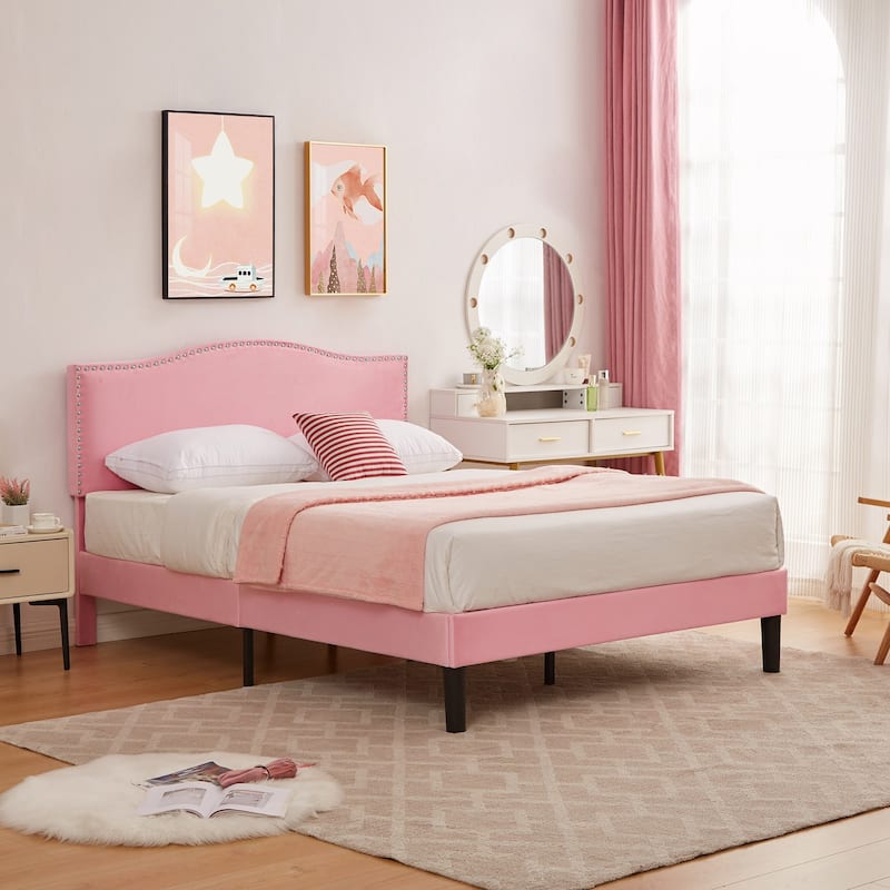 VECELO, Upholstered Platform Bed Frame with Adjustable Headboard, Twin/Full/Queen Size Beds, Pink