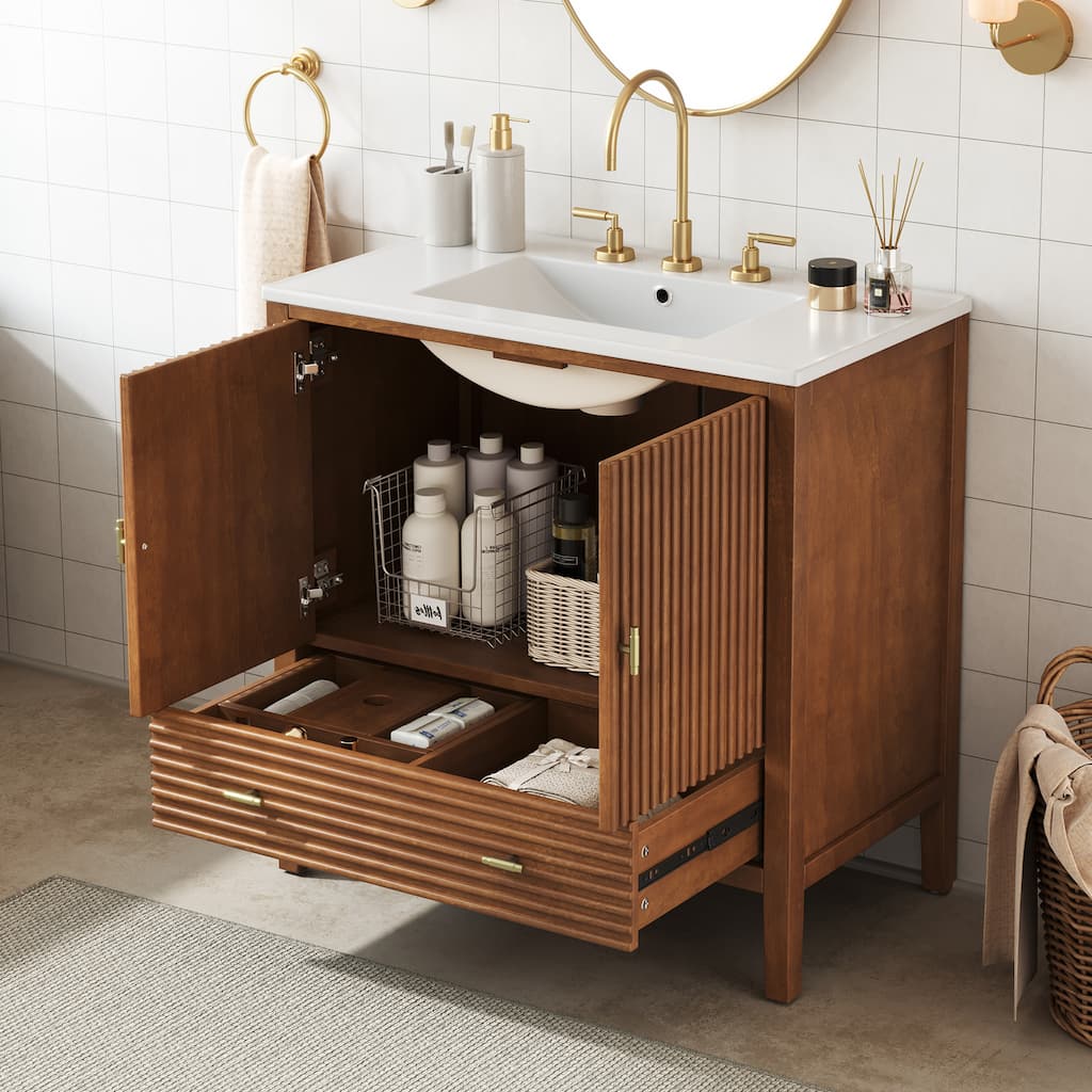 Christopher Knight Home - Mid-Century Freestanding Bathroom Vanity with Ceramic Sink, Flip-Up & Dual Drawers