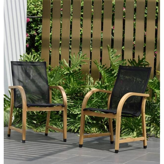 Tottenville Amazonia Outdoor Patio Dining Armchairs by Havenside Home - Set of 2 - Light Wood and Black Sling