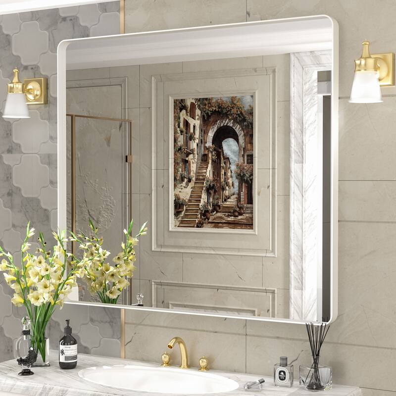 Modern Metal Frame Wall Mounted Bathroom Vanity Mirror - 40x36 - White