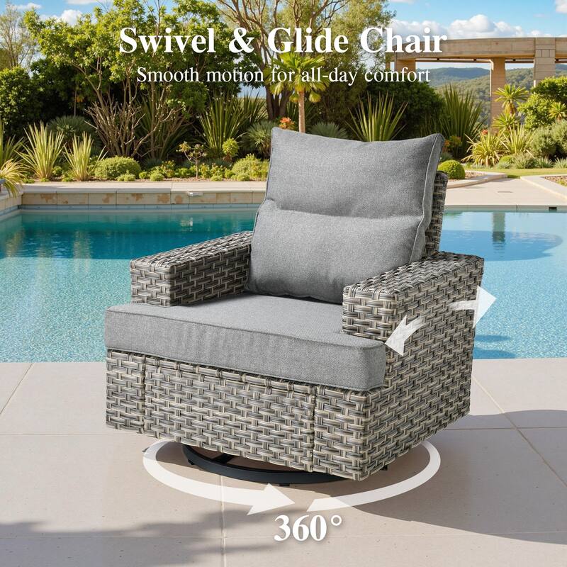 OVIOS 9 Pieces T shaped Seat Wide Armrest Swivel Chair Set With Solar-Powered Coffee Table