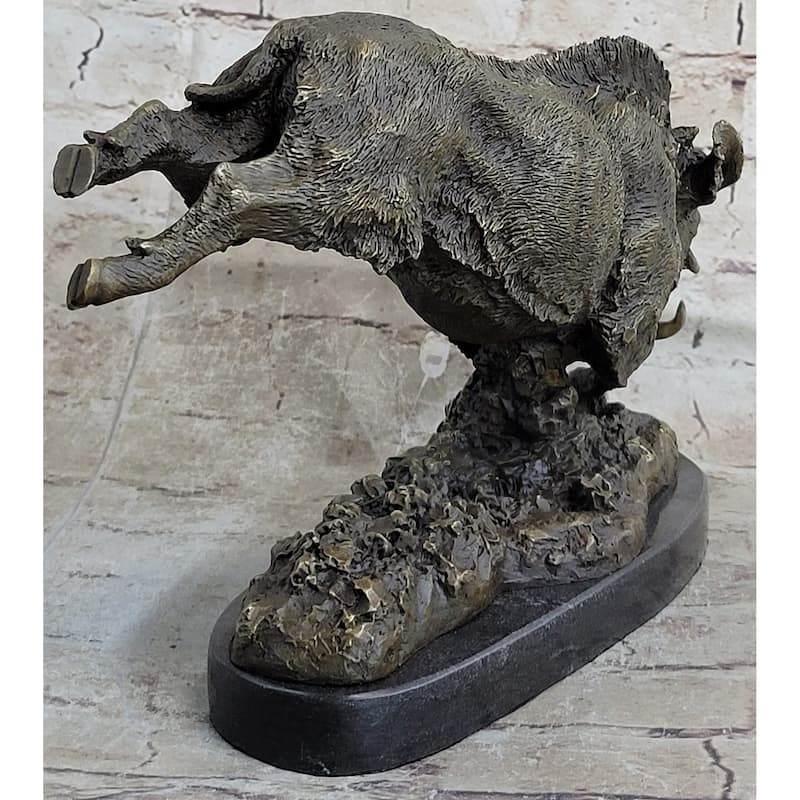 Wild Boar Feral Hog Pig Kicking Hind Legs Bronze Sculpture Statue Figure On Marble Base
