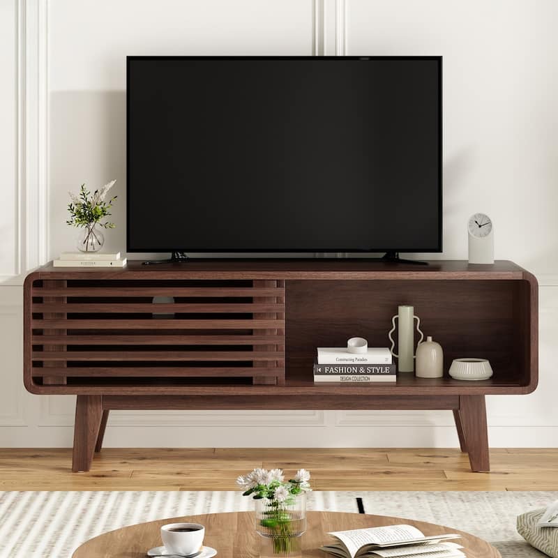 Mid-Century Modern TV Stand for TV Up to 59" with Sliding Slatted Door