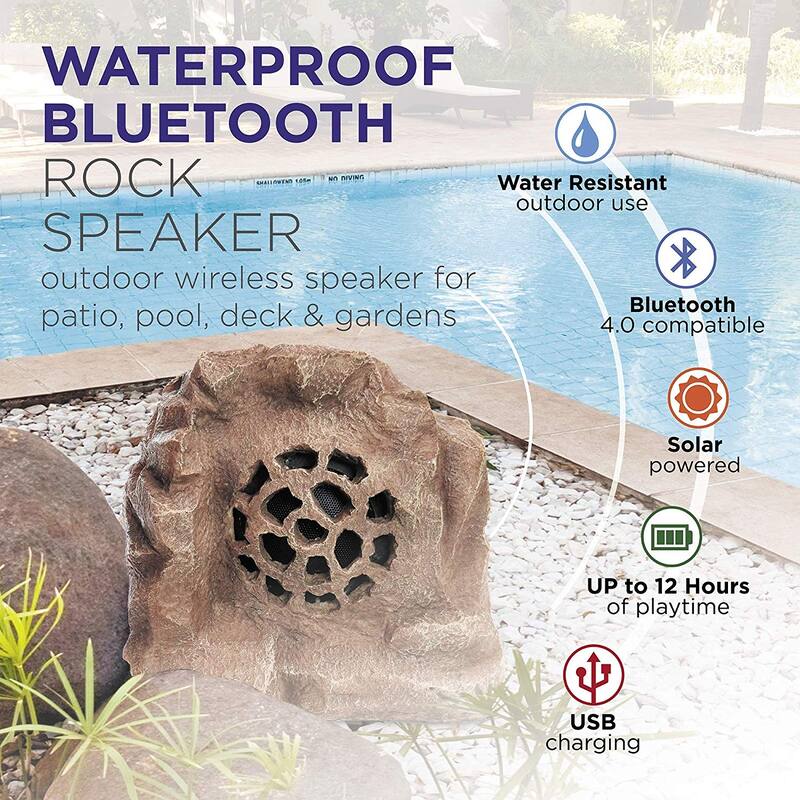 Alpine Corporation Weather-resistant Bluetooth Solar-Powered Outdoor Wireless Rock Speaker, Brown