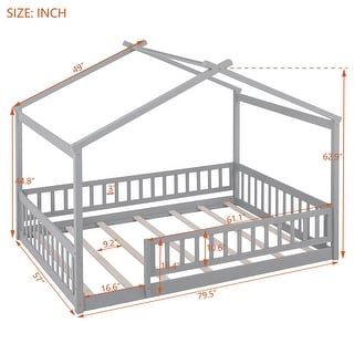 Gray Full Size Wood House Bed with Fence - Classic Playhouse Bed for Children