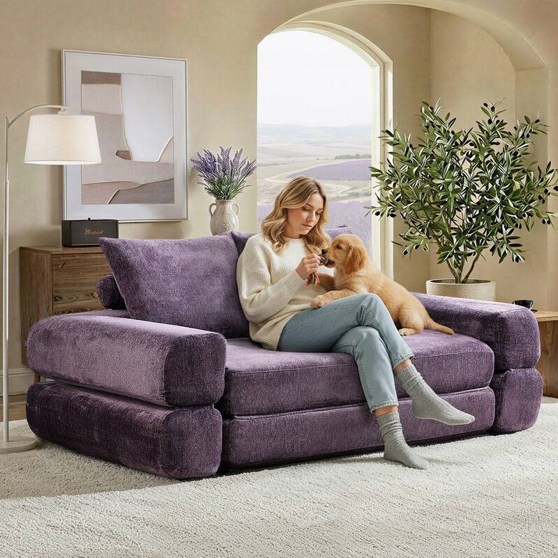 Modern Chenille Convertible Sofa Bed Queen Size Split Back Design