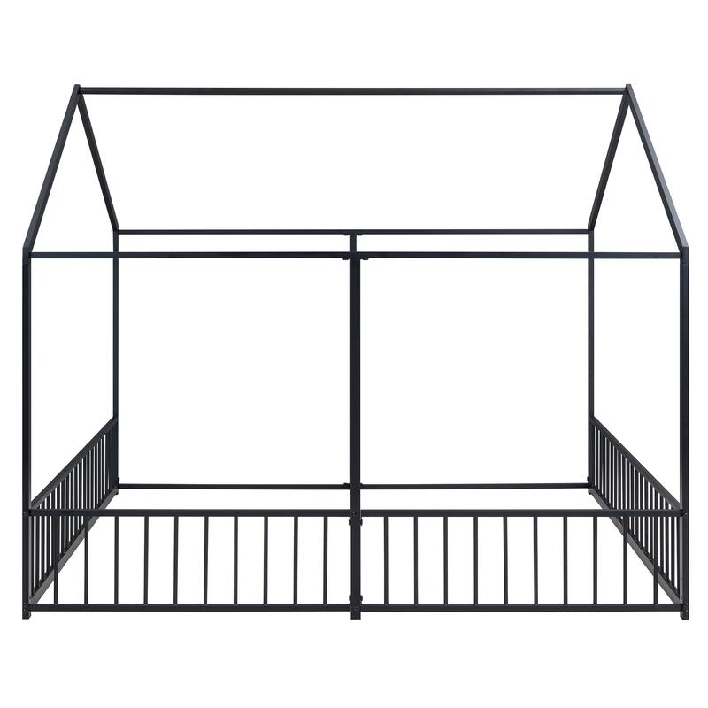 Twin Size Metal House Platform Bed with Roof, Windows, and Guardrails, 2-in-1 Bed Design, Easy Assembly