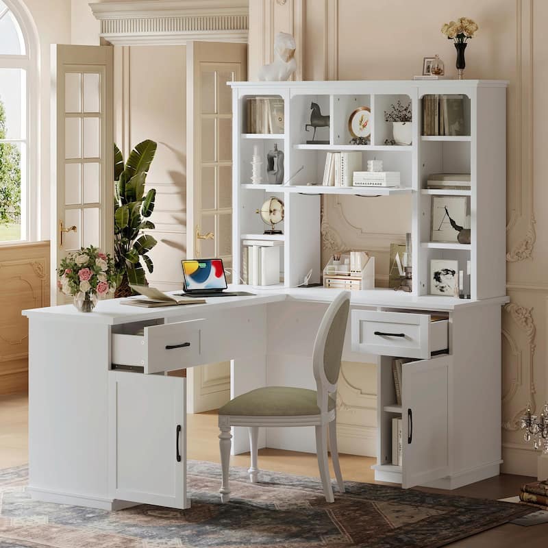 L-Shaped Computer Desk with 2 Cabinets, 2 Drawers, 11 Open Shelves and a Flip-Up Shelf with Storage on the Right Side